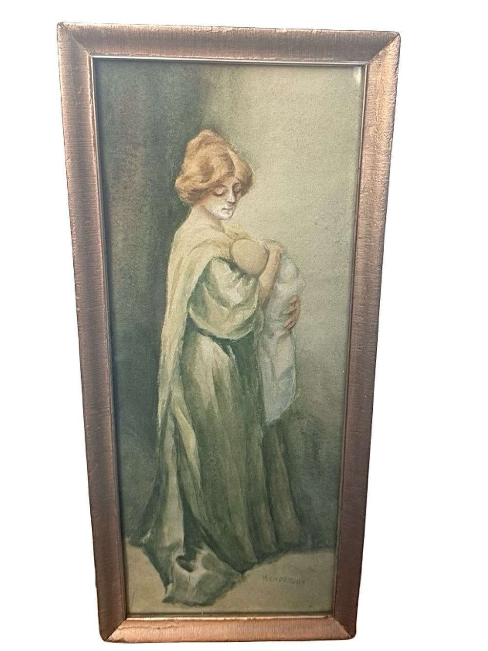 Antique Painting on Paper Portrait Woman With Baby Gold Framed Mixed Media Art